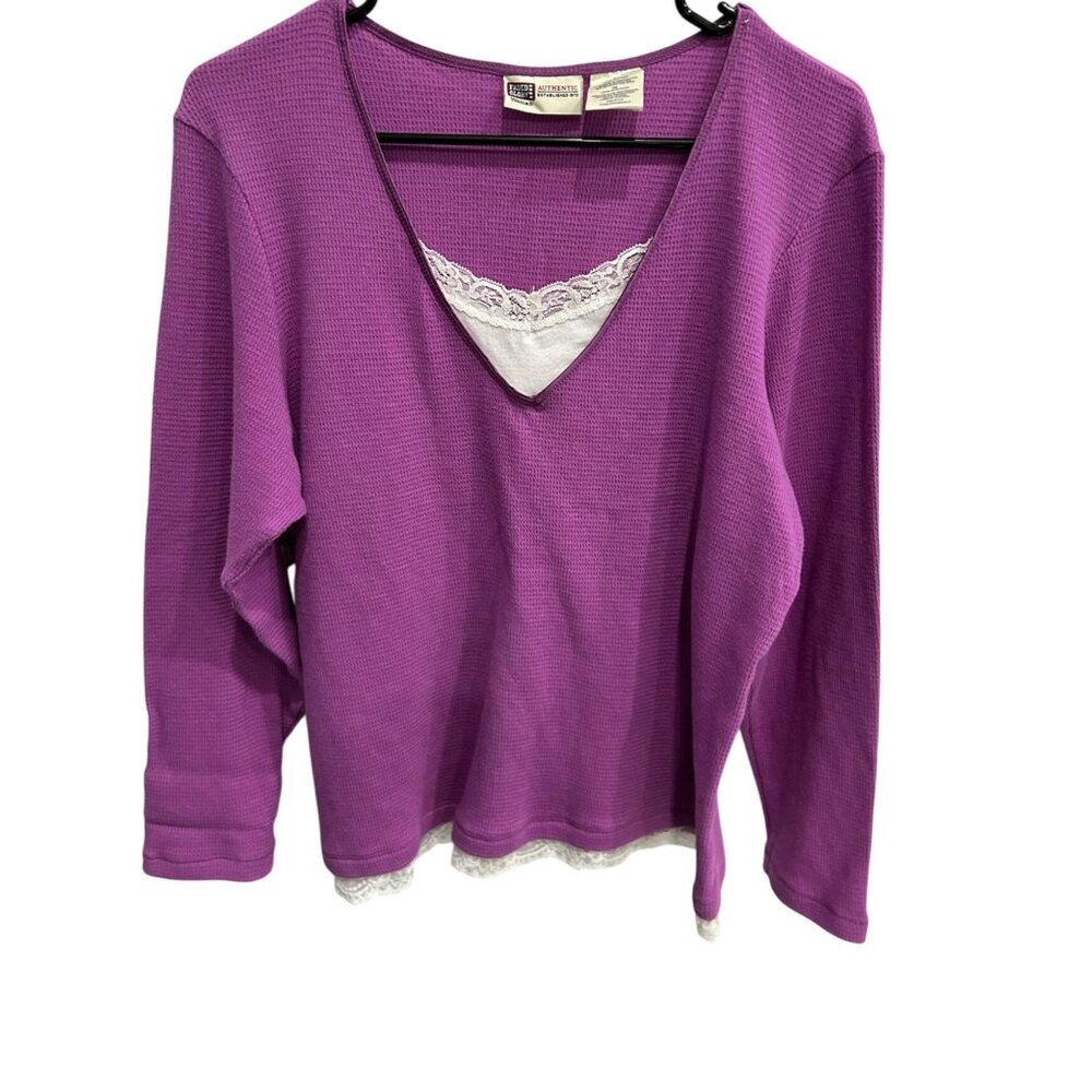 Faded Glory Womens Purple Long-Sleeve Top Lace Trim Size 16W Cotton